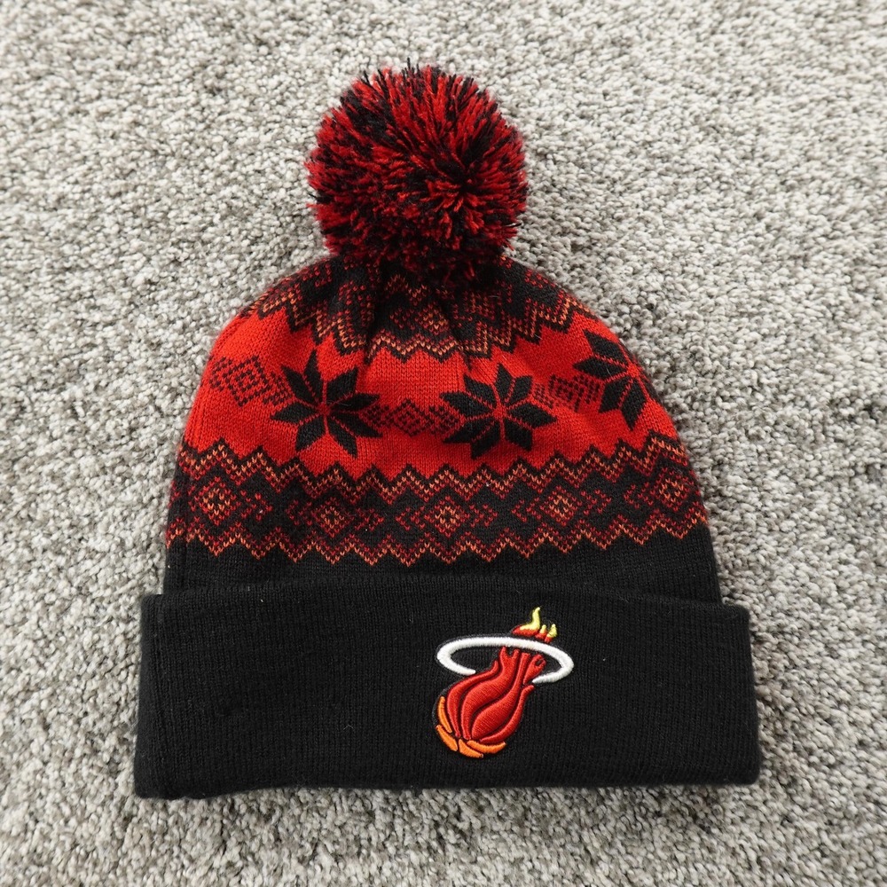 Miami Heat Hat Cap Mens One Size Red Black NBA Basketball New Era Pom Beanie